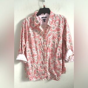 Chaps Shirt Women’s Button up No iron Size 1X Peach Floral Print Artsy Workwear